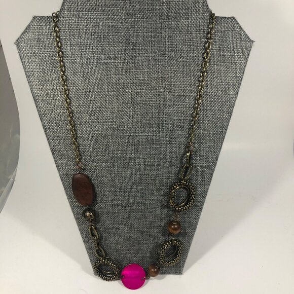 Boho Statement Necklace Brass Rings Wood Beads Pink Disc Pendant - Picture 3 of 6